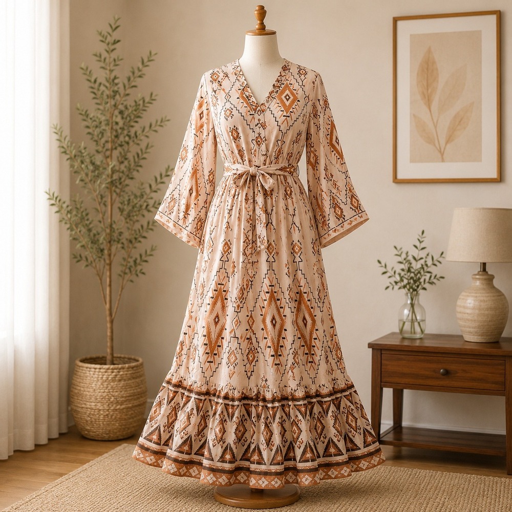 NWT Cupshe Maxi Dress Womens Large Tan Geometric Boho Bell Sleeve V-Neck Ruffle